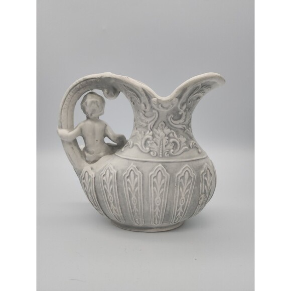 VTG Chase Japan Grey Pitcher Embossed Angel Cherub Planter Vase Victorian - Picture 3 of 12